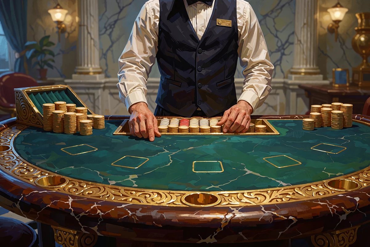 St&oacute;ł blackjack z krupierem w kasynie live - zielone sukno, żetony i krupier w marmurowej sali