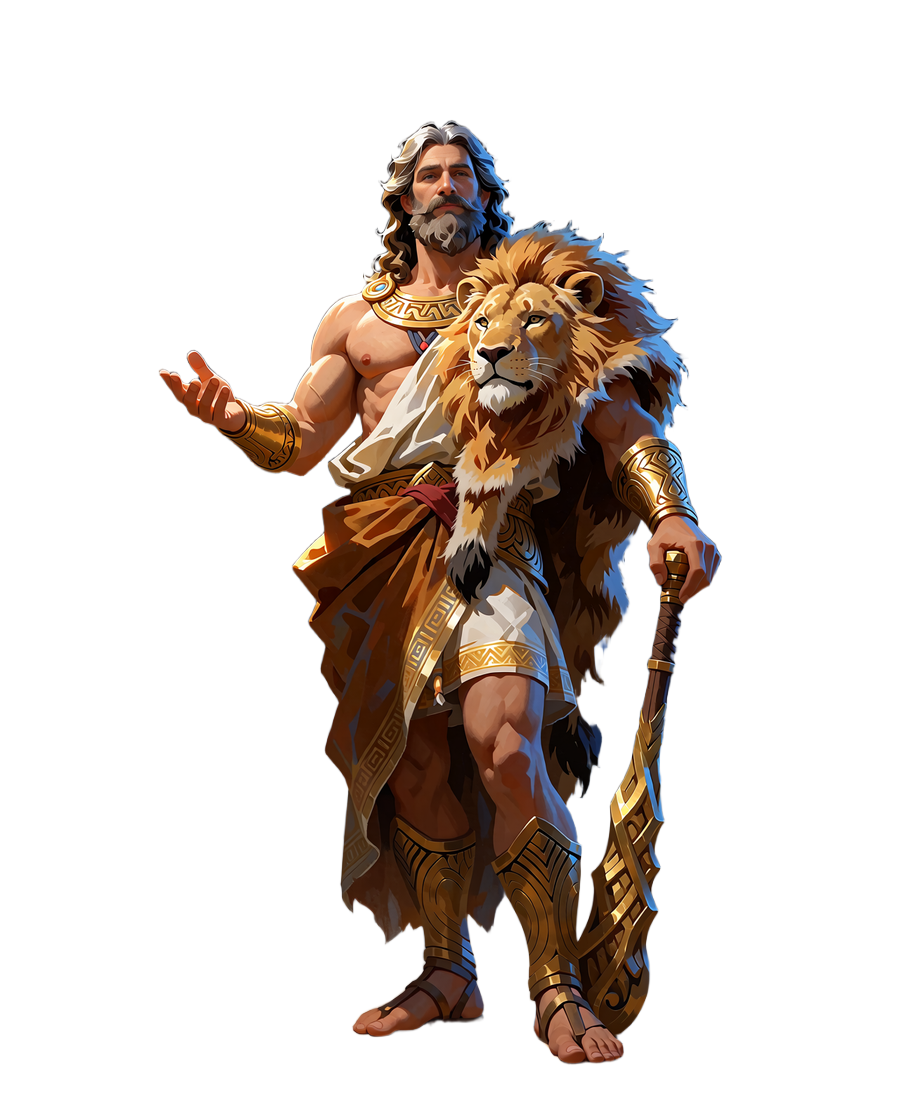 Herkules w lwiej sk&oacute;rze z uniesioną dłonią w geście pomocy, symbol wsparcia gracza Hercules Casino