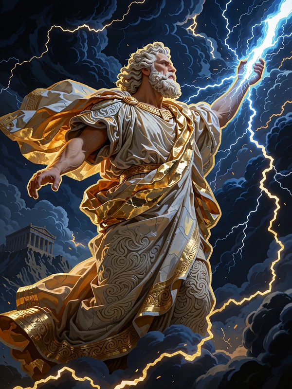 Slot Zeus Thunder Reels - brodaty b&oacute;g nieba ciskający błyskawicą wśr&oacute;d granatowych chmur burzowych