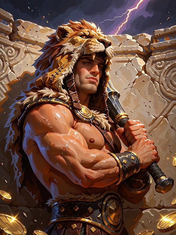 Slot Trials of Hercules - muskularny bohater w lwiej sk&oacute;rze z maczugą na tle areny, popularna gra kasyno