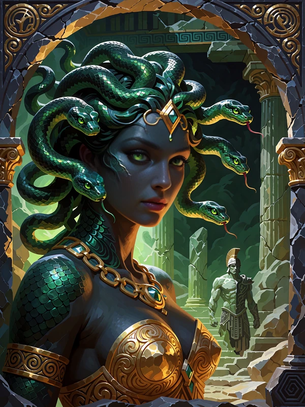 Slot Medusa&rsquo;s Gaze - gorgona z wężowymi włosami i zielonym spojrzeniem w ruinach świątyni